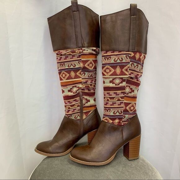 Brown Patterned Knee-High Boots - Picture 2 of 10